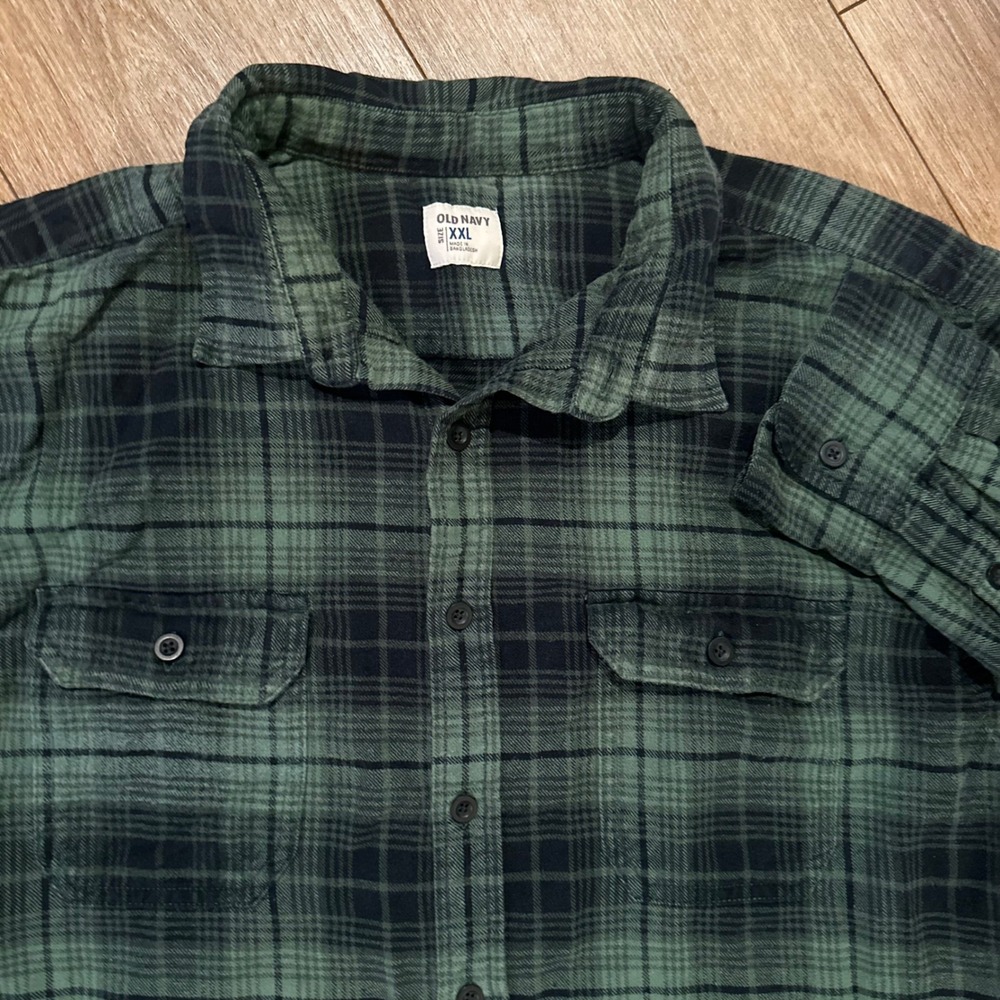 Old Navy Mens XXL Green Black Plaid Flannel Button Down Shirt 100% Cotton